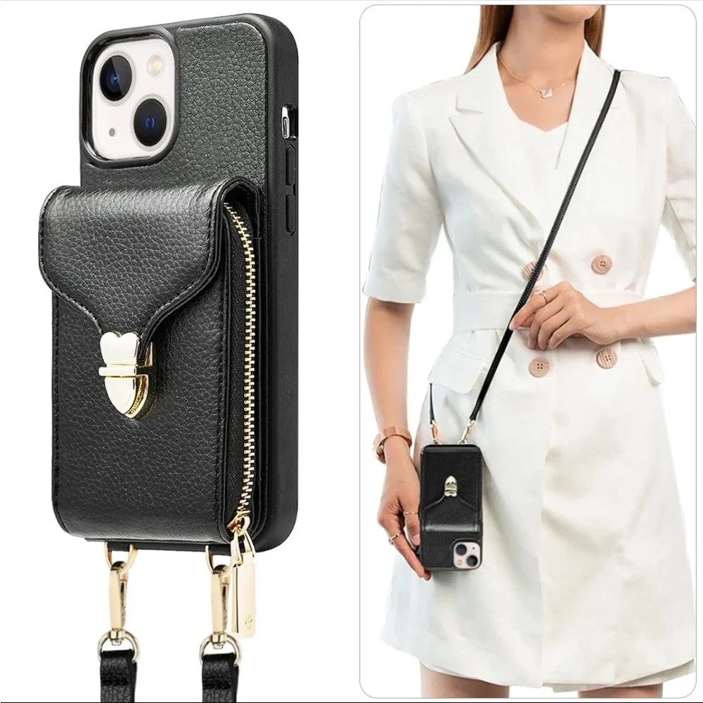 Stylish Black Leather Phone Case with Strap I Phone‎ 12